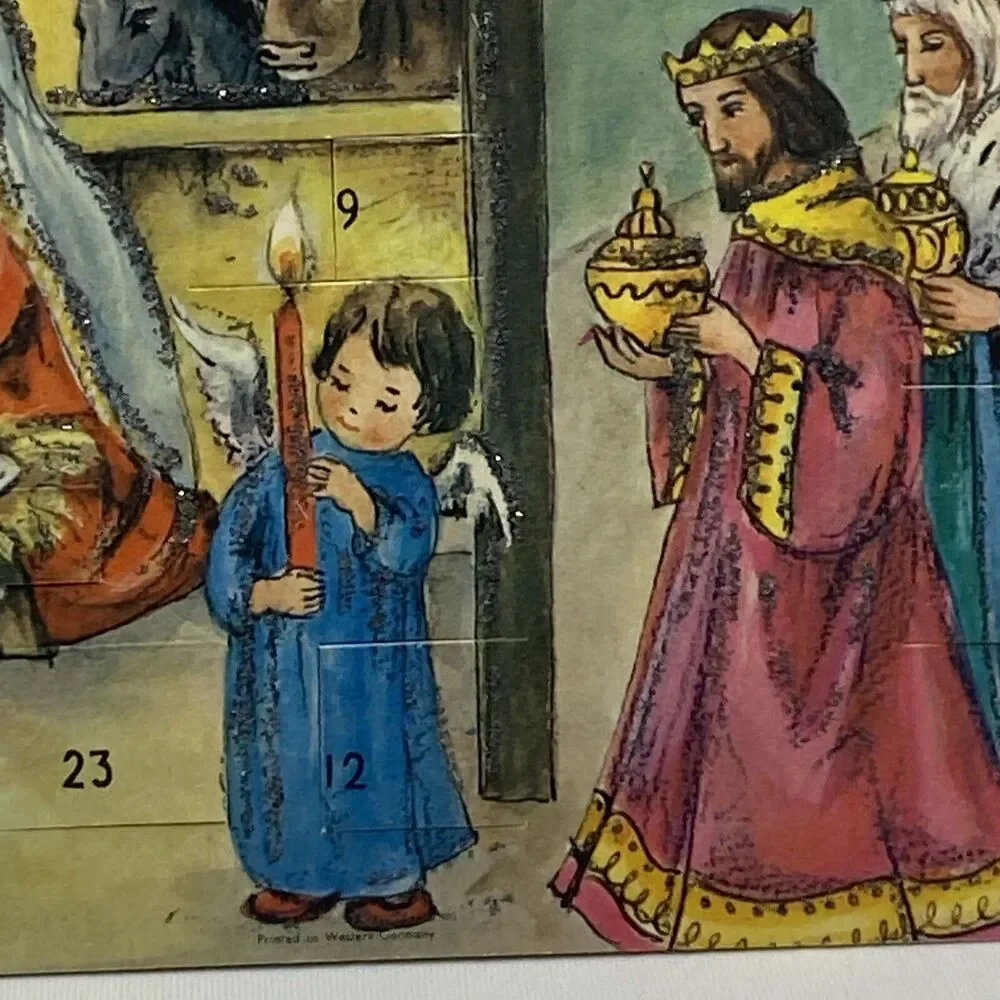 Vintage German Advent Christmas Calendar Manger Jesus Angel Glitter Bible Verse